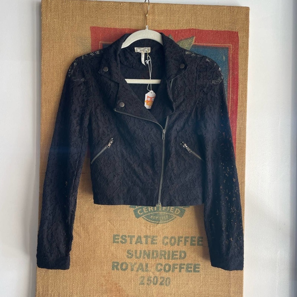 Black Lace Cropped Moto Jacket